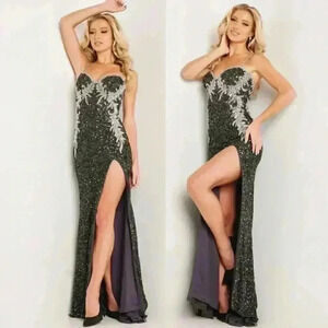 Jovani Sequin Embellished High Slit Dress - 36512 Size 6 Smokey black silver